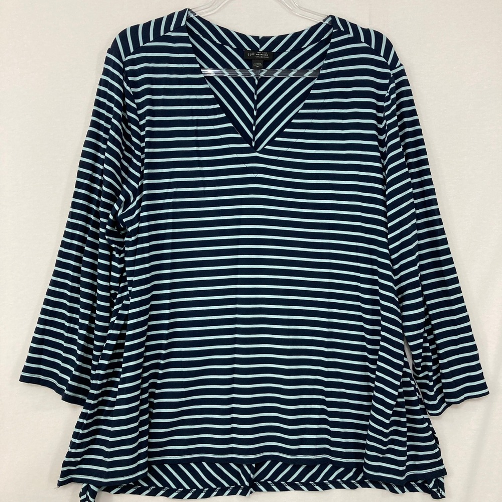 J. Jill Wearever Top XL Blue Striped V-Neck 3/4 Sleeve Stretch Knit Preppy
